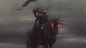 Превью обои рыцарь, лошадь, доспехи, туман, арт