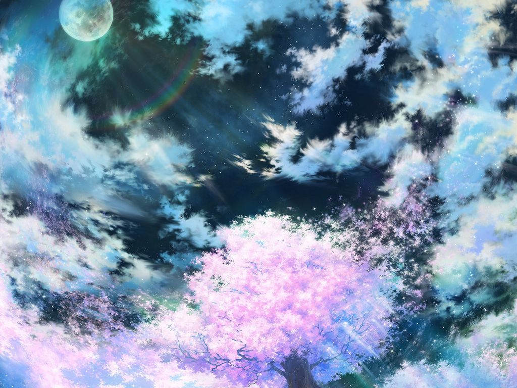 1024x768 Обои сакура, арт, небо, аниме, розовый