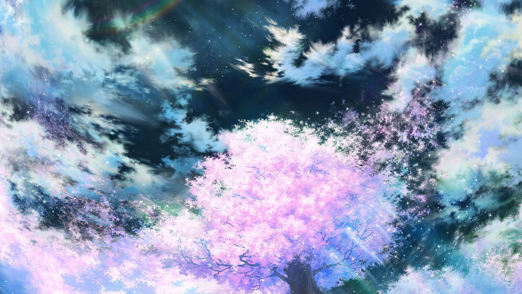 2048x1152 Обои сакура, арт, небо, аниме, розовый