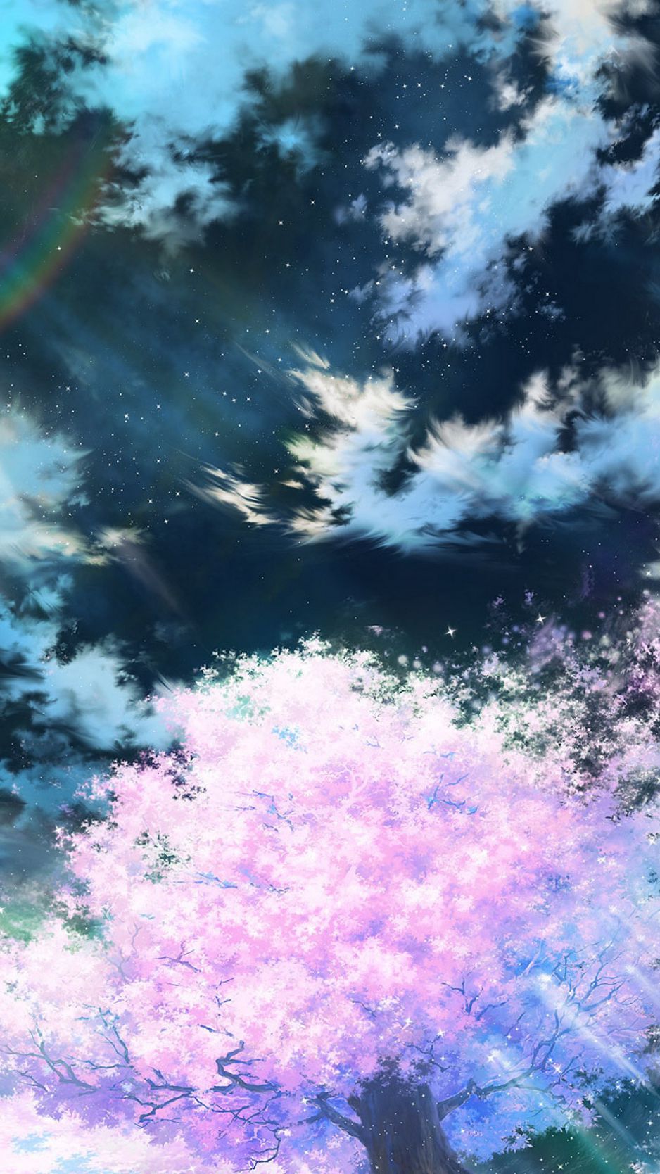 938x1668 Обои сакура, арт, небо, аниме, розовый