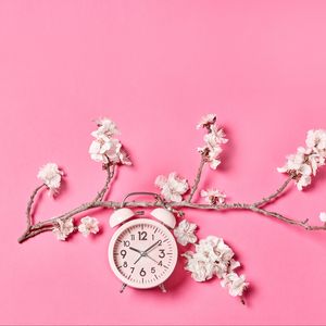 Превью обои сакура, цветы, часы, будильник, минимализм, розовый