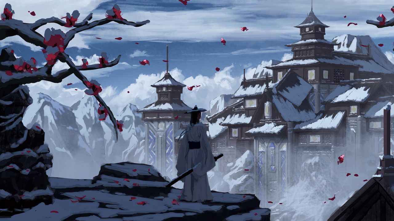 Обои самурай, меч, замок, снег, арт