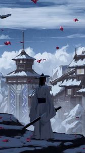 Превью обои самурай, меч, замок, снег, арт