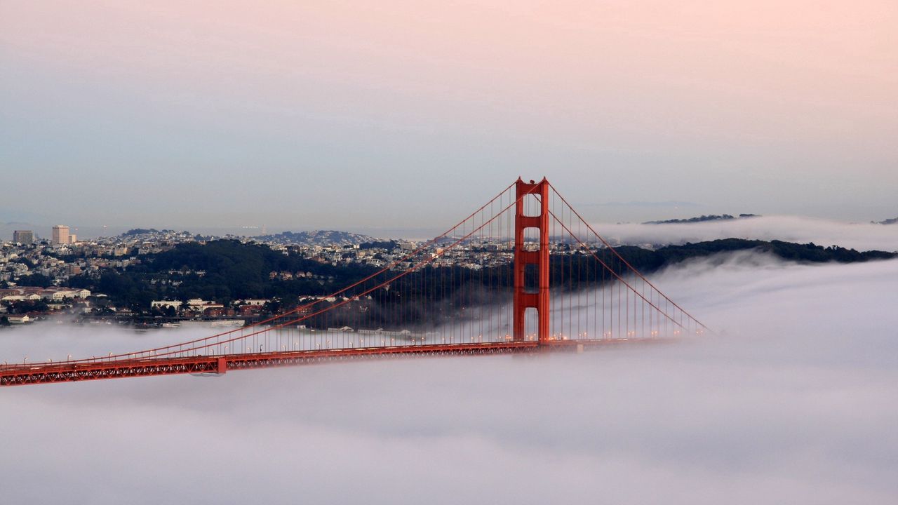 Обои сан-франциско, мост, туман, здания