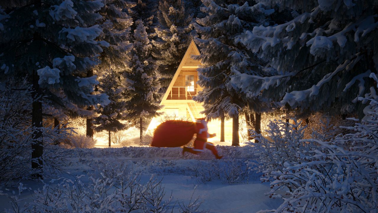 Обои санта клаус, новый год, рождество, дом, лес, снег