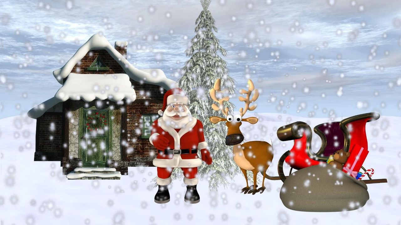Обои санта клаус, олень, сани, подарки, дом, снег, елка