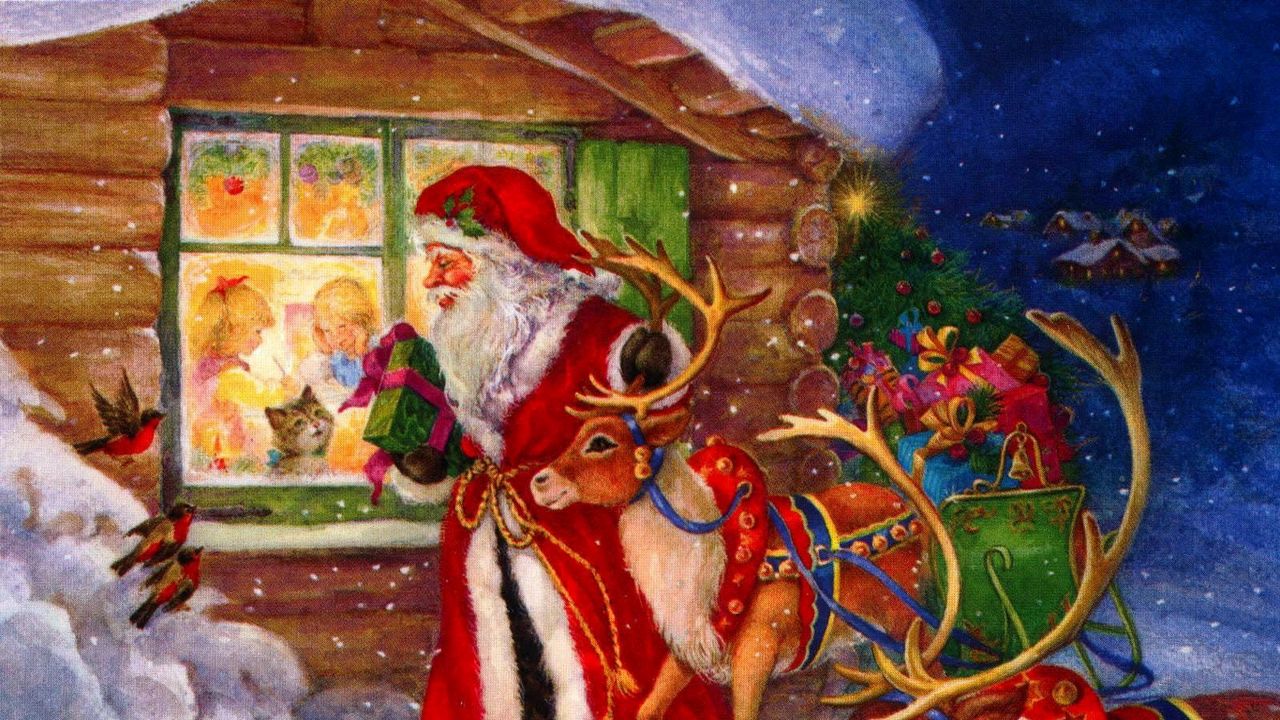 Обои санта клаус, олени, окно, дети, подарки, праздник, рождество, птицы