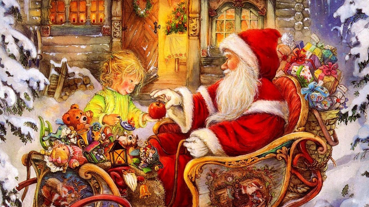 Обои санта клаус, сани, ребенок, яблоко, подарки, праздник, рождество