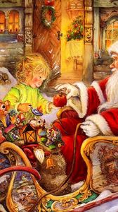 Превью обои санта клаус, сани, ребенок, яблоко, подарки, праздник, рождество