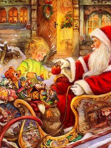 Превью обои санта клаус, сани, ребенок, яблоко, подарки, праздник, рождество