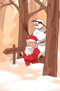 Превью обои санта клаус, снеговик, новый год, вектор, лес