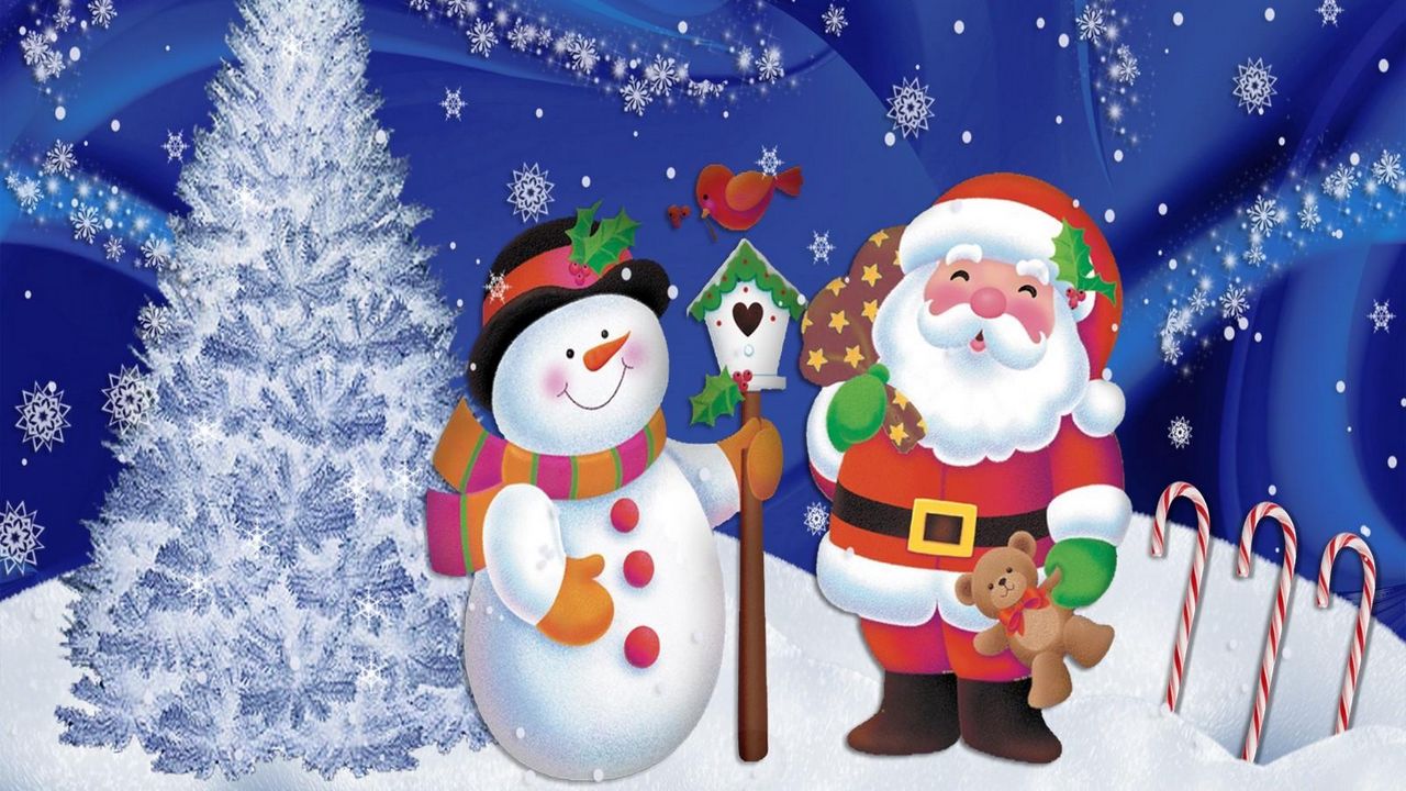 Обои санта клаус, снеговик, рождество, елка, снежинки, открытка