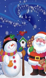 Превью обои санта клаус, снеговик, рождество, елка, снежинки, открытка