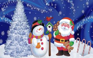 Превью обои санта клаус, снеговик, рождество, елка, снежинки, открытка