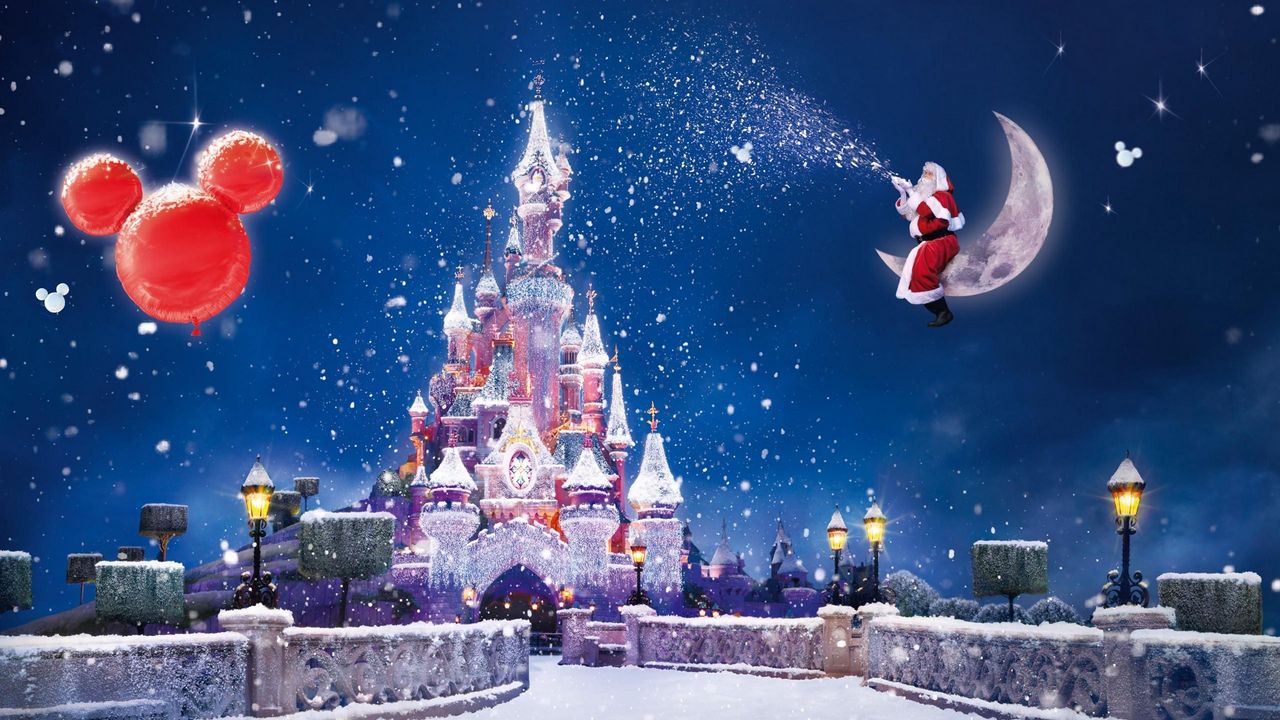 Обои санта клаус, волшебство, луна, снег, замок, воздушные шары, праздник, рождество