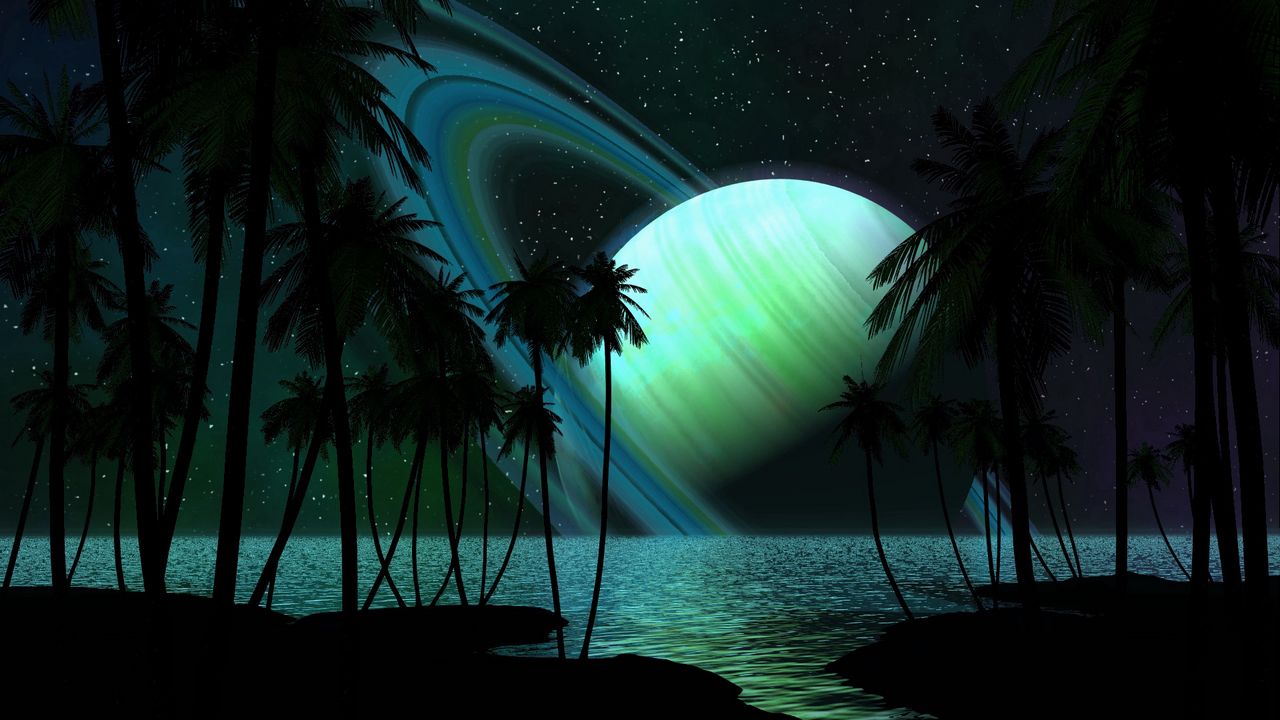 Обои сатурн, пальмы, вода, темнота, фантастика