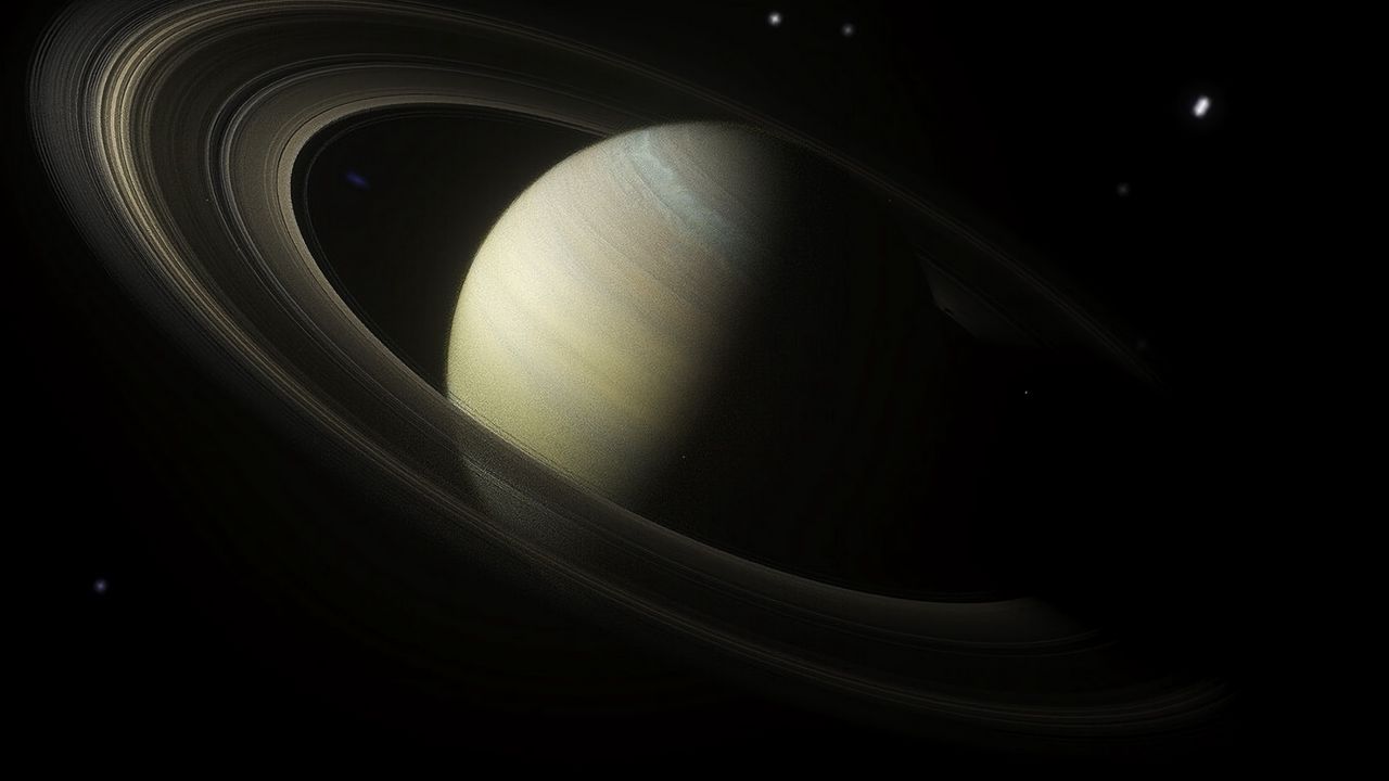 Обои сатурн, планета, кольцо, звезды, темный