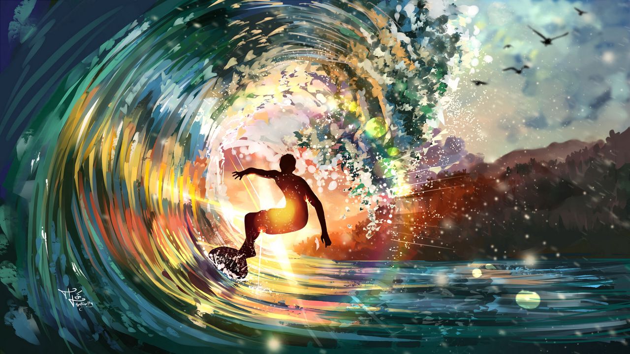 Обои серфингист, волна, солнце, яркий, арт