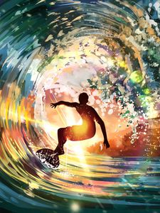 Превью обои серфингист, волна, солнце, яркий, арт