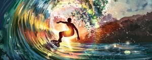 Превью обои серфингист, волна, солнце, яркий, арт