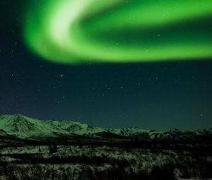 Превью обои северное сияние, горы, ночь, звездное небо, зеленый, север