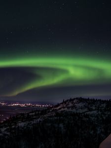 Превью обои северное сияние, холм, ночь, огни