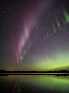 Превью обои северное сияние, звезды, звездное небо, озеро, ночь