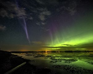 Превью обои северное сияние, звезды, звездное небо, ночь