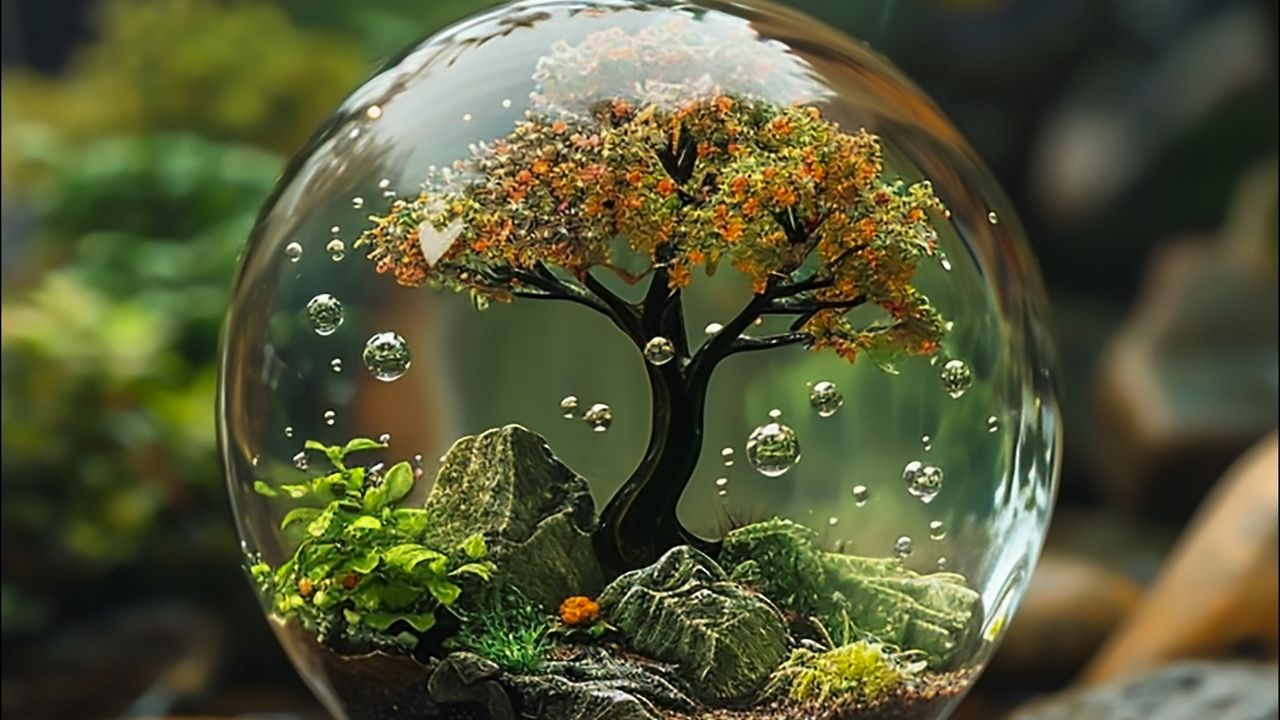 Обои шар, дерево, прозрачный, пузыри, пейзаж