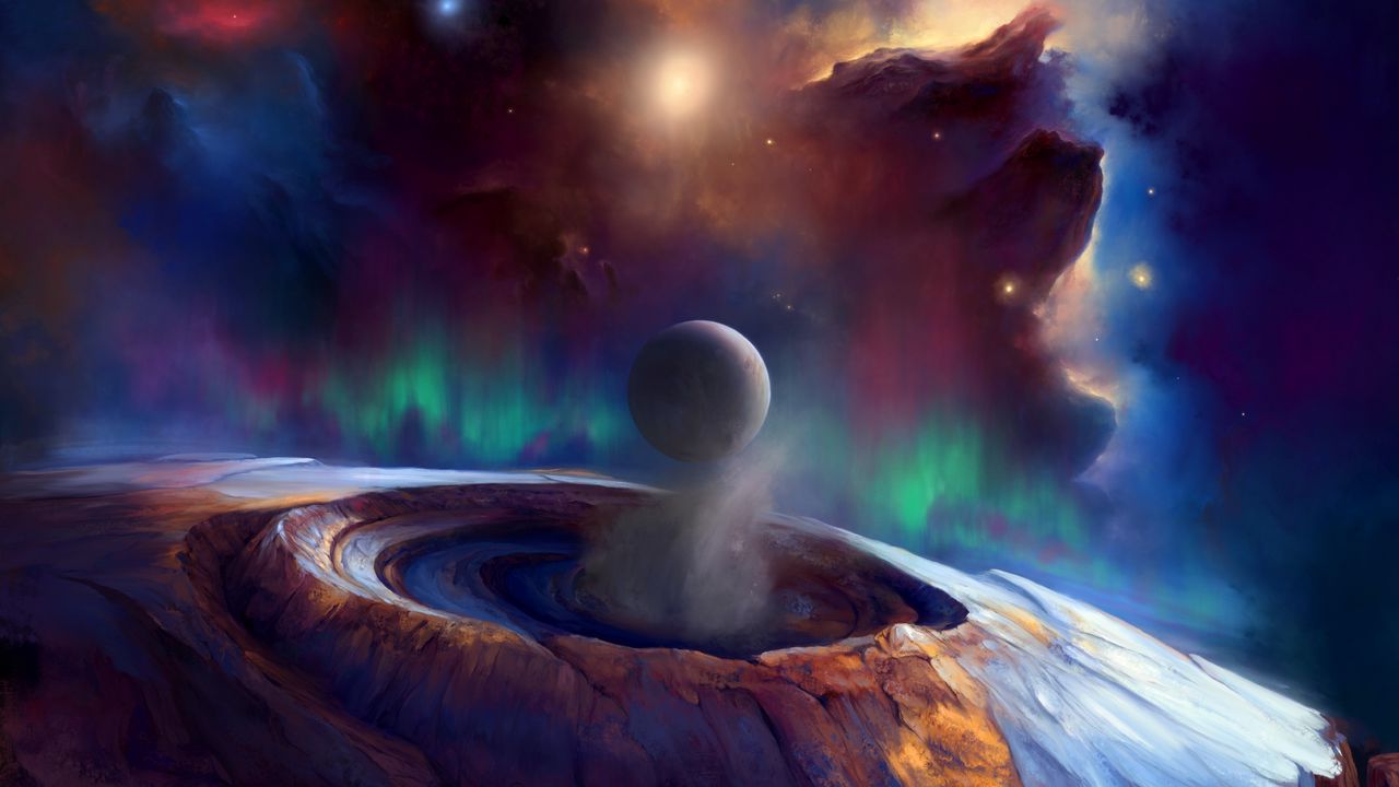 Обои шар, кратер, облака, галактика, свечение, арт