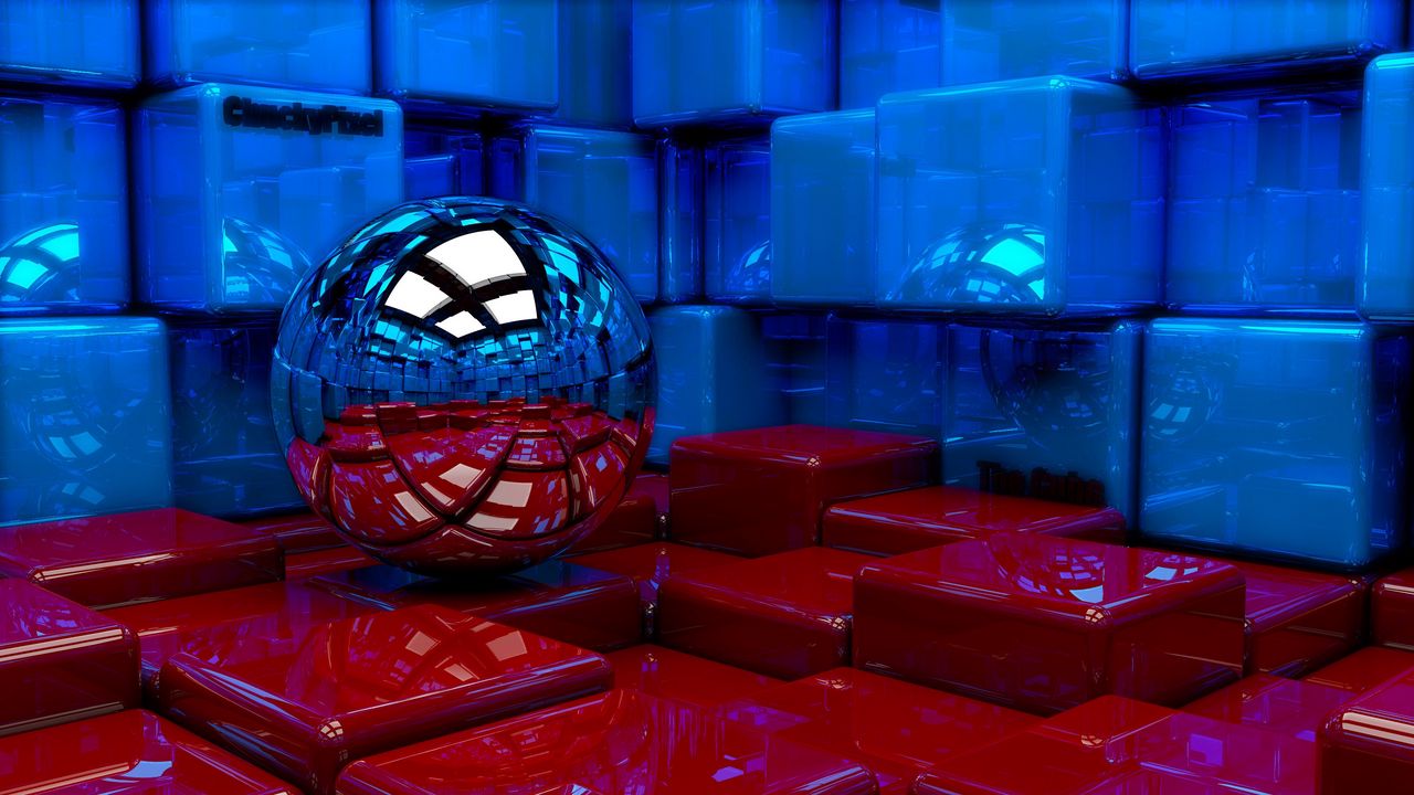 Обои шар, кубы, металл, синий, красный, отражение