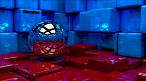 Превью обои шар, кубы, металл, синий, красный, отражение