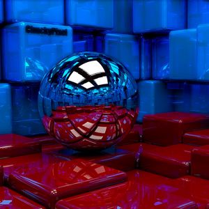 Превью обои шар, кубы, металл, синий, красный, отражение