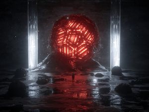 Превью обои шар, неон, свечение, темнота, силуэт
