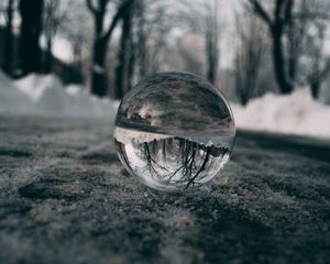 Превью обои шар, стеклянный, отражение, макро, размытость, снег, деревья