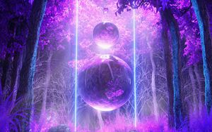 Превью обои шары, деревья, свечение, фиолетовый