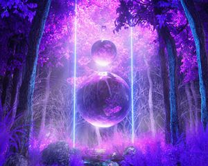 Превью обои шары, деревья, свечение, фиолетовый