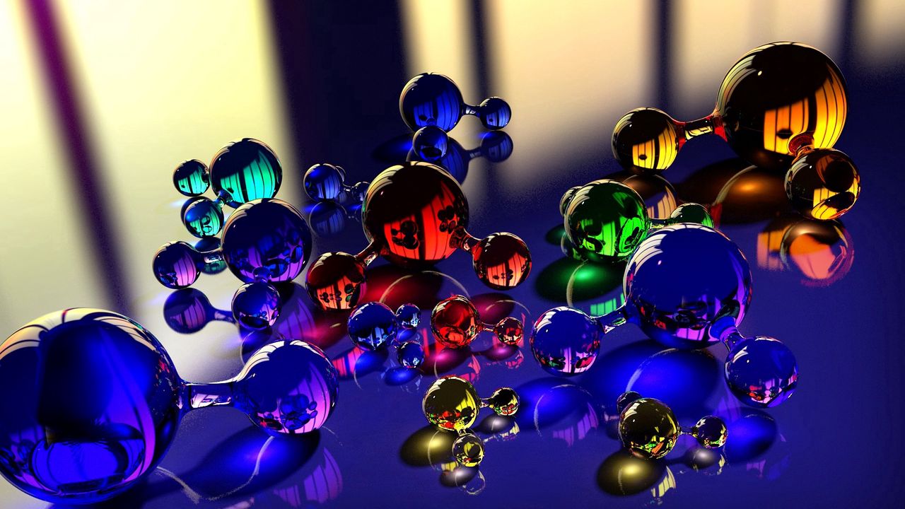 Обои шары, молекула, массажер, стекло, отражение, цвет