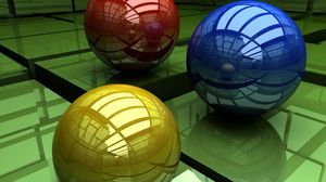 Превью обои шары, три, разноцветный, поверхность, куб