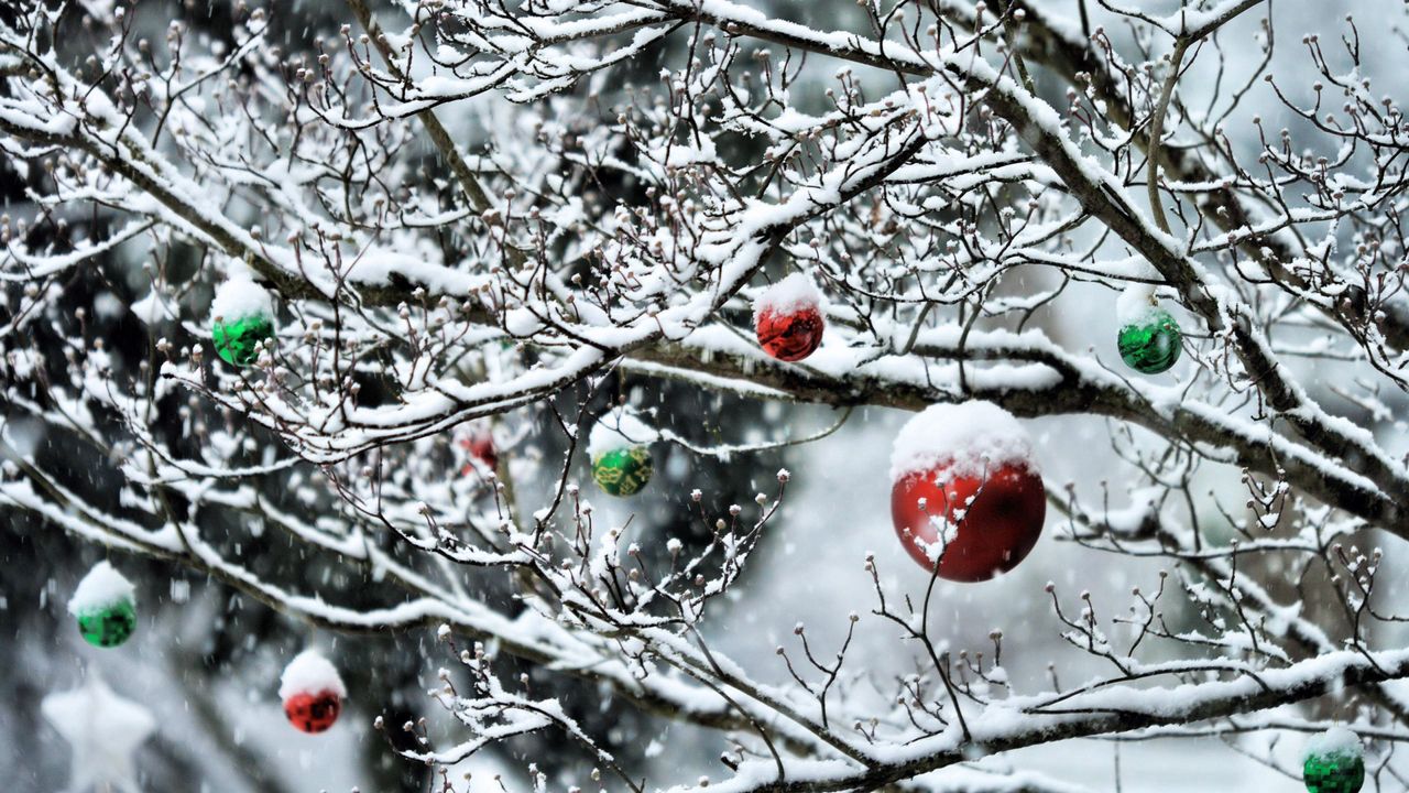 Обои шары, ветки, новый год, снег