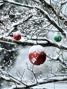 Превью обои шары, ветки, новый год, снег