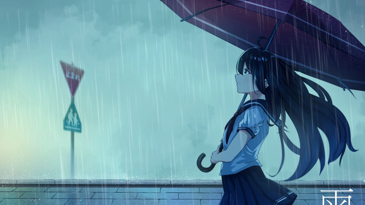 Обои школьница, зонтик, дождь, аниме