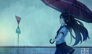 Превью обои школьница, зонтик, дождь, аниме