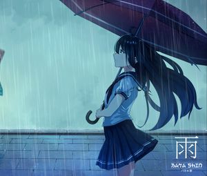 Превью обои школьница, зонтик, дождь, аниме