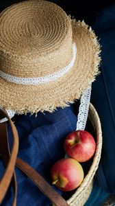 Превью обои шляпа, яблоки, фрукты, одежда