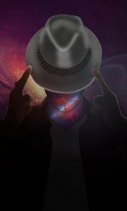 Превью обои шляпа, космос, сюрреализм, человек, вселенная, фантазия