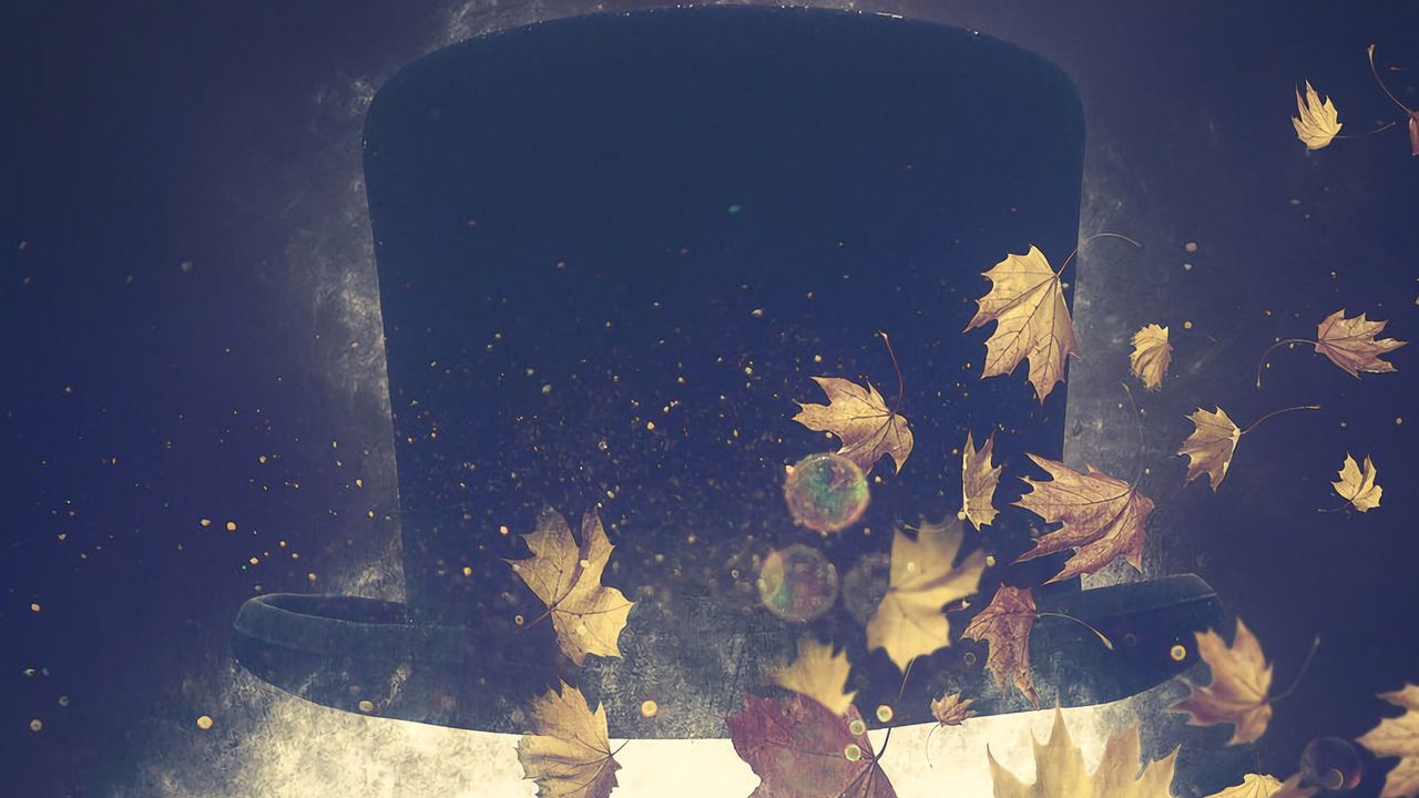 Обои шляпа, осень, листва, арт, сюрреализм