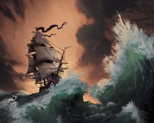 Превью обои шторм, корабль, море, волны, арт