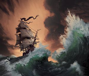 Превью обои шторм, корабль, море, волны, арт