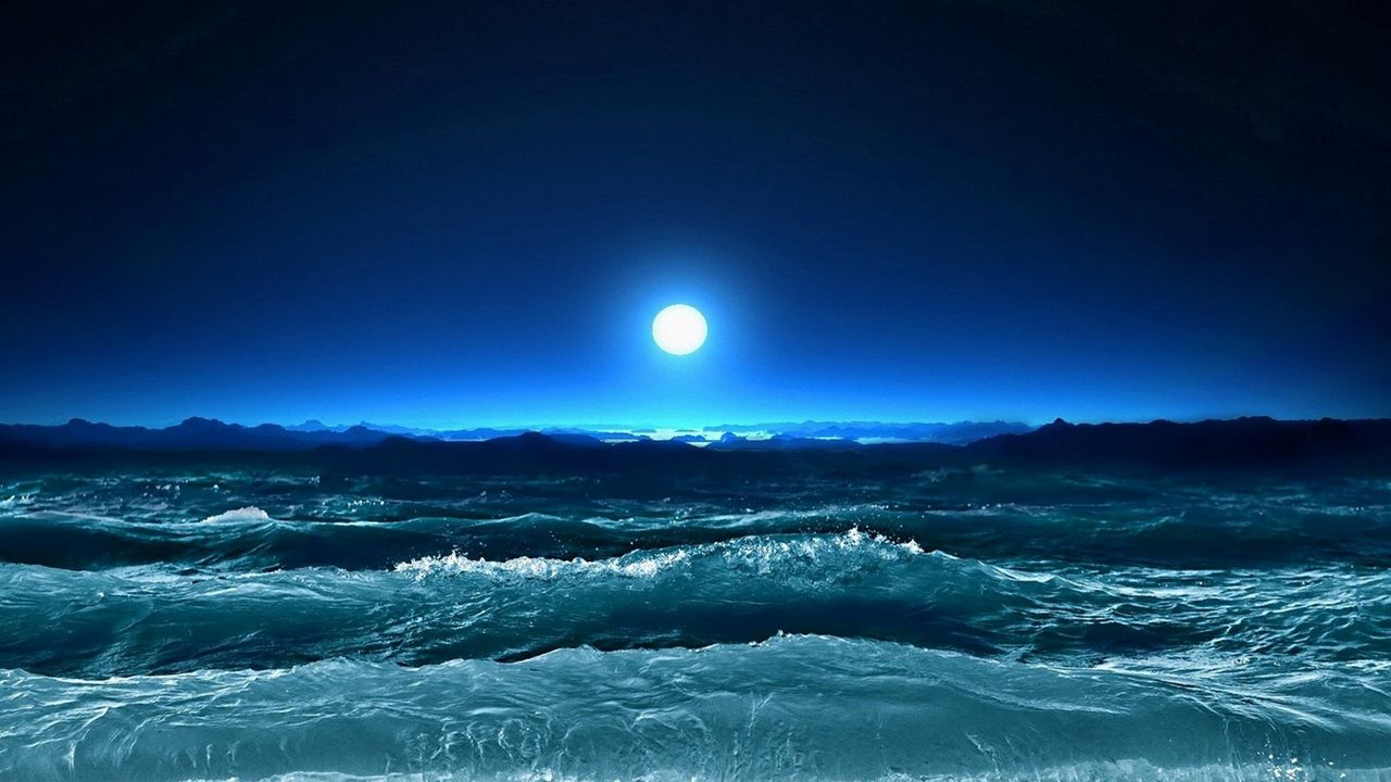 Обои шторм, волны, море, луна, ночь, искусство